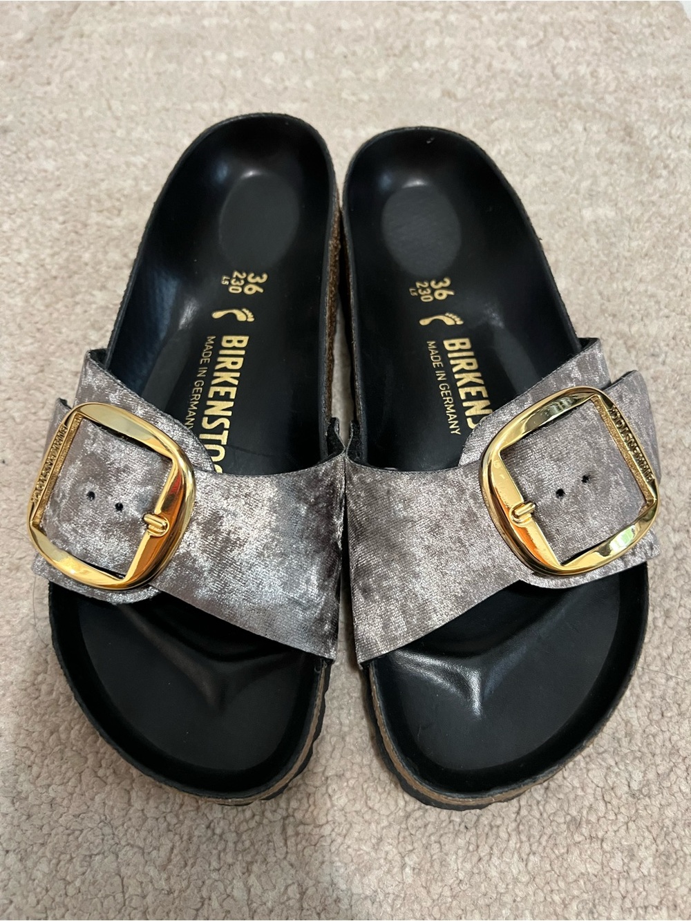 Birkenstock Madrid Soft Velvet Slide Sandals in Taupe with Gold Buckles